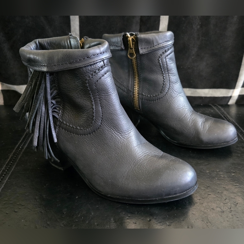 Sam Edelman Black Leather Ankle Booties with Fringe